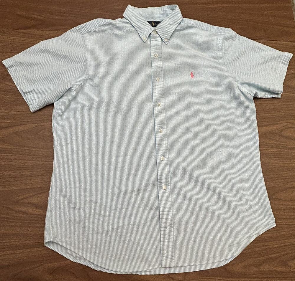 Ralph Lauren Blue Striped Seersucker Button-Down Short Sleeve Shirt - Size XL